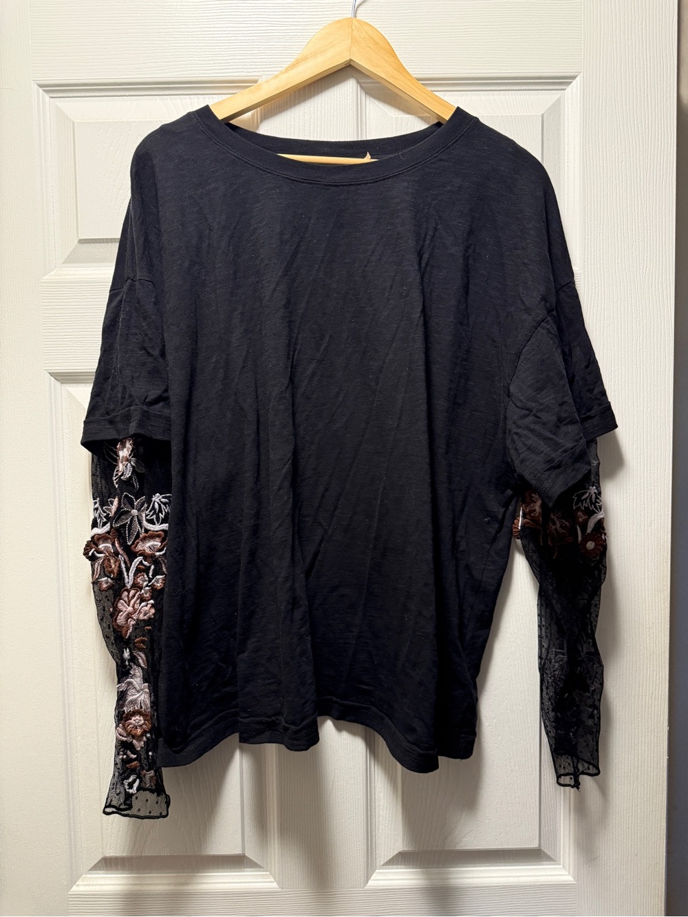 Free People Black Tee with Sheer Floral Embroidered Lace Long Sleeves
